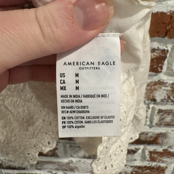 American Eagle Baby Doll Cream Smocked Eyelet Puff Sleeve Tiered‎ Mini Dress M - Picture 13 of 16